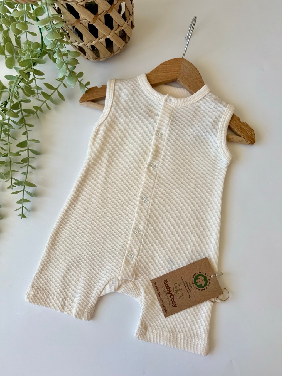 Unisex Organik Pamuk Ekru Çıtçıtlı Waffle Tulum
