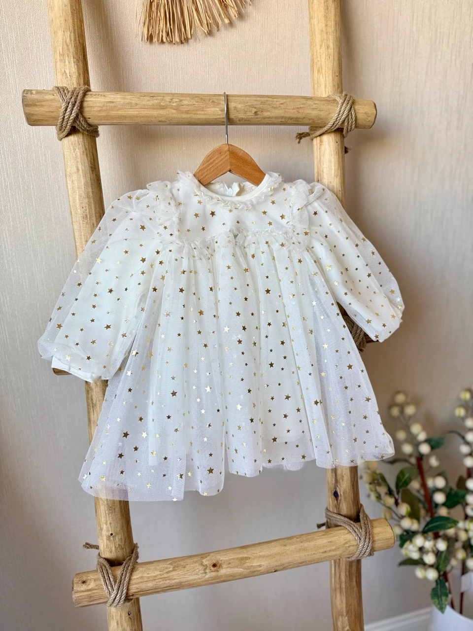 Kız Bebek Ekru Gold Yıldız İçi Penye Astarlı Tütülü Parti Elbisesi