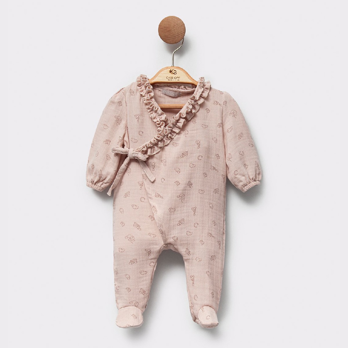 Kız Bebek Premium Bej Baskılı Patikli Müslin Tulum