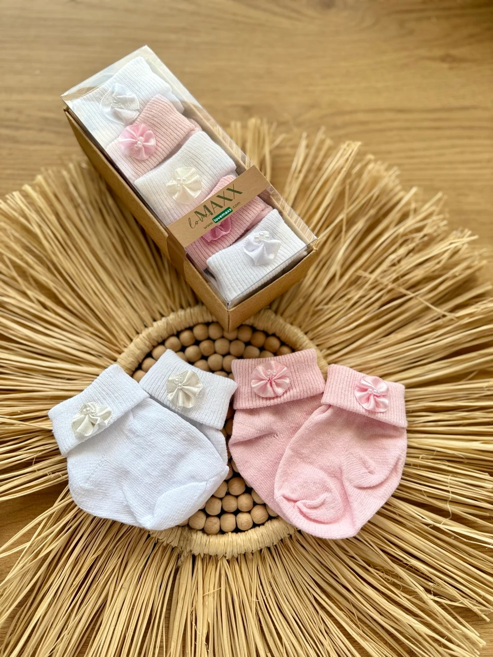 Kız Bebek 0-6 Ay Pembe Ve Beyaz Süslü 5li Çorap Seti 