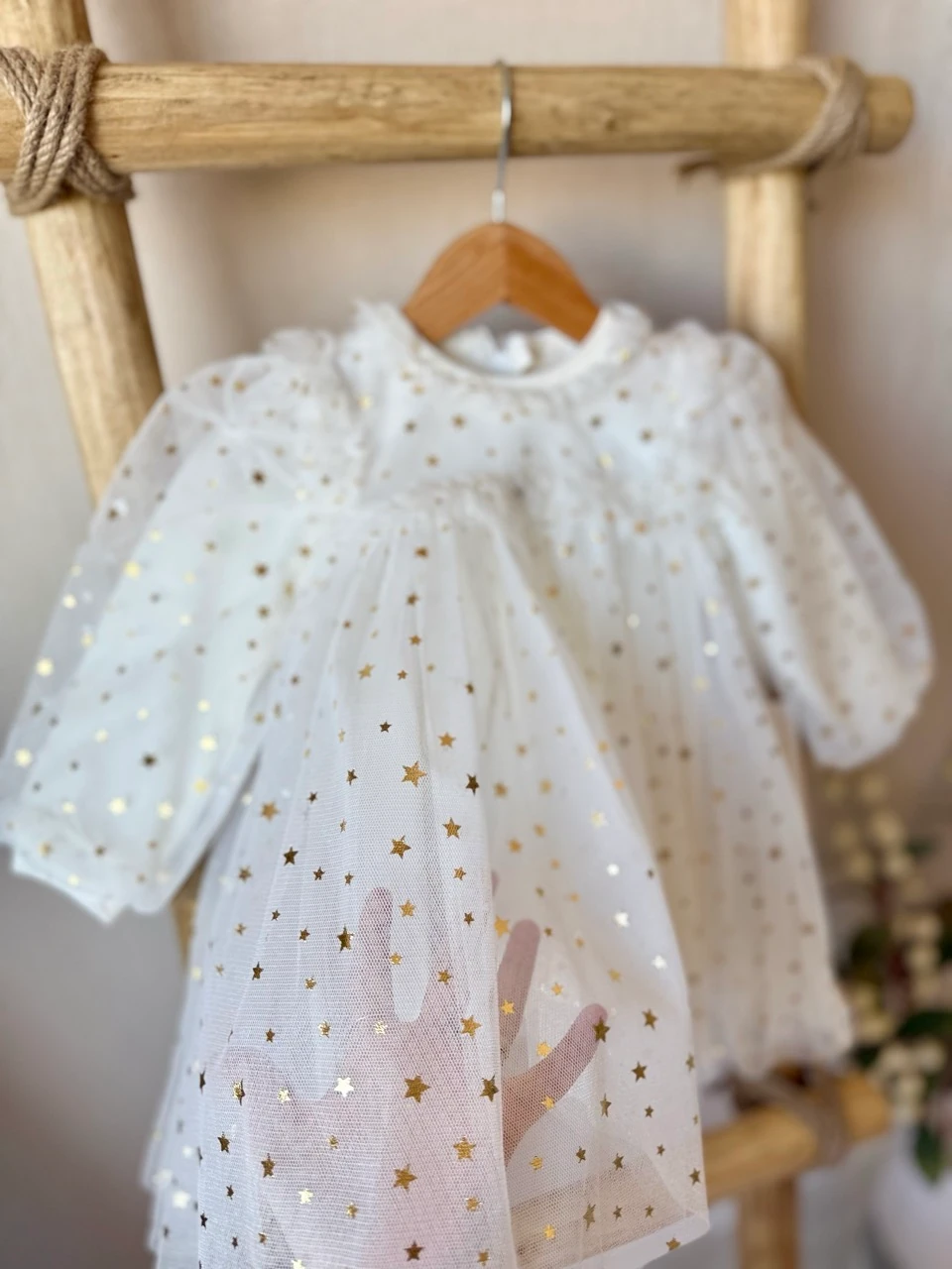 Kız Bebek Ekru Gold Yıldız İçi Penye Astarlı Tütülü Parti Elbisesi
