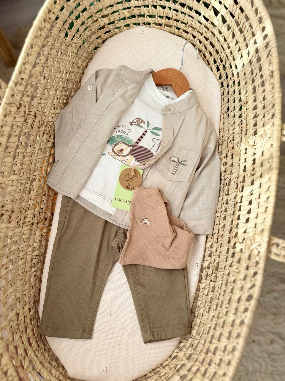 Erkek Bebek Haki Zoo Gömlekli Pantolonlu 4lü Takım