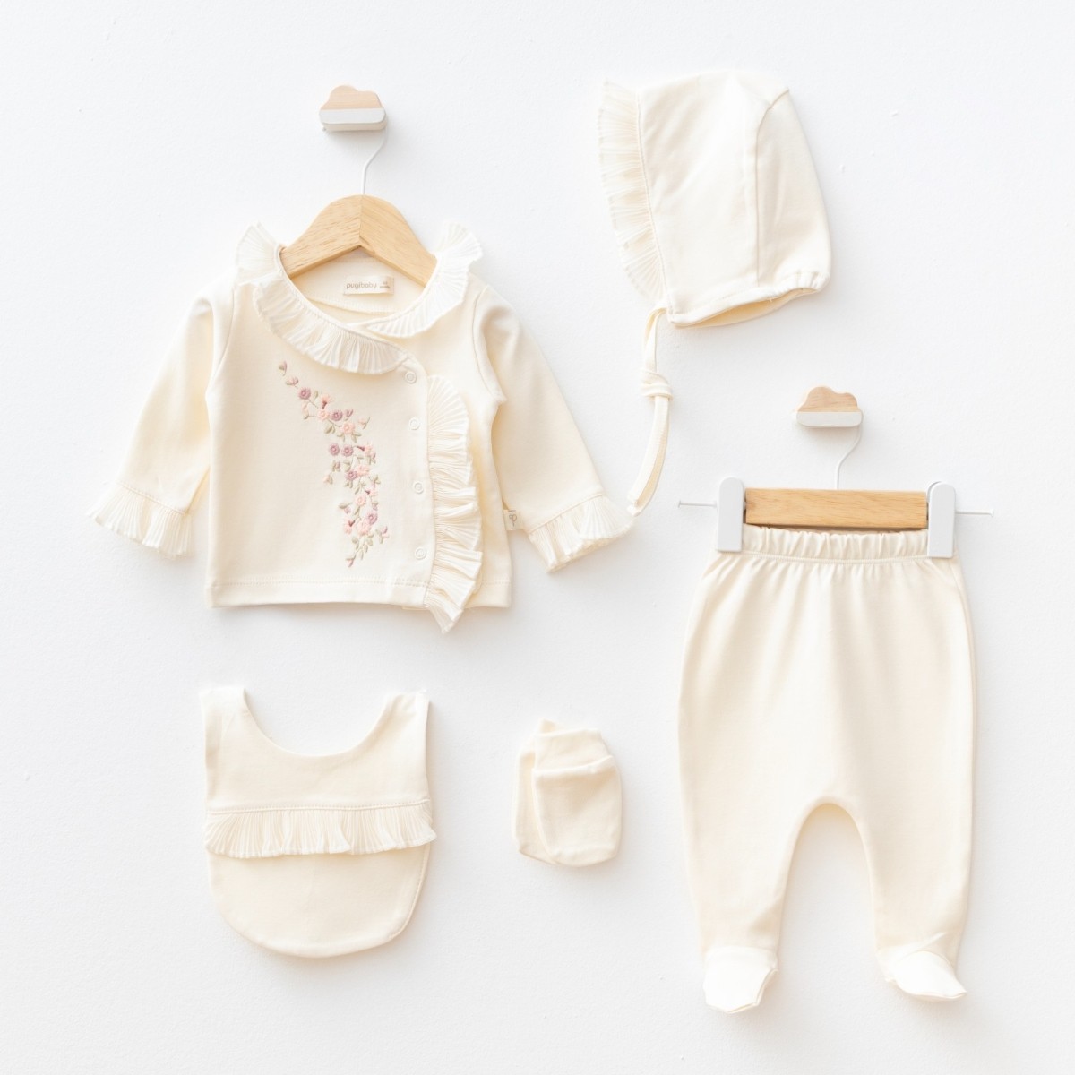 Kız Bebek Premium Krem Pliseli Çiçek Nakışlı 5li Set 