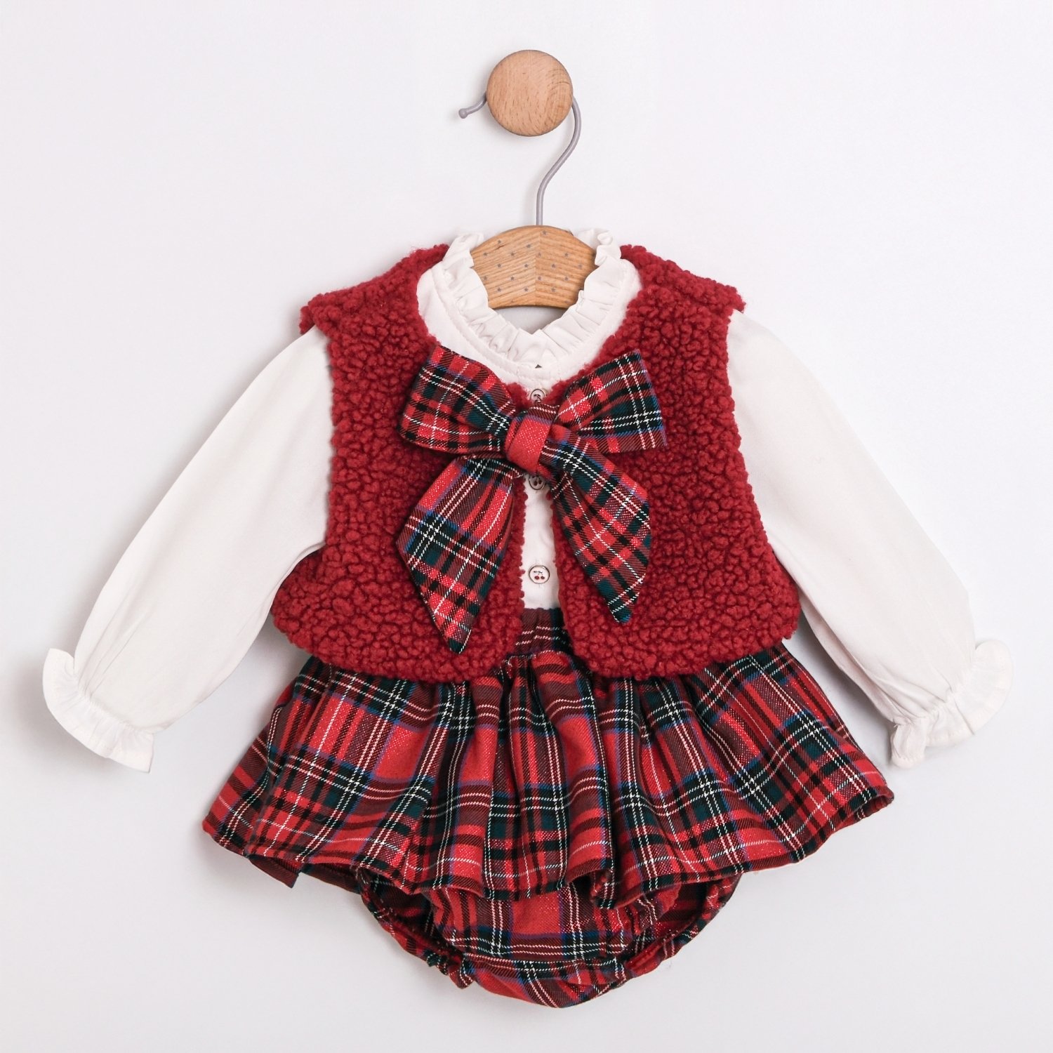 Kız Bebek Kırmızı Peluş Yelekli Ekose Desen 3lü Kız Takım 