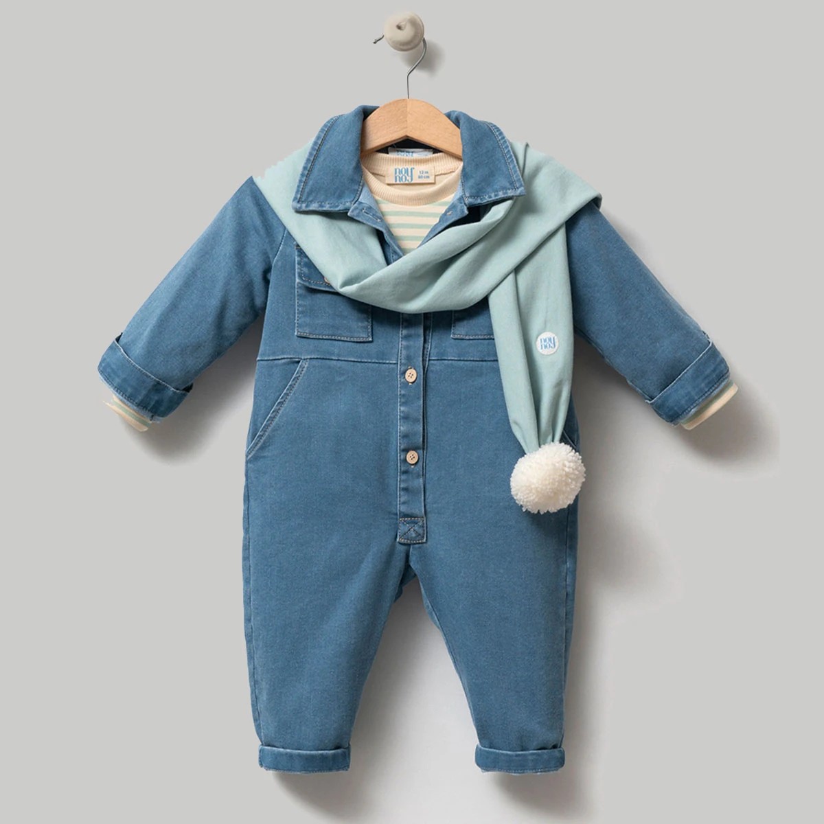 Erkek Bebek Mavi Atkılı Denim Tulum Çizgili Tshirt Takım