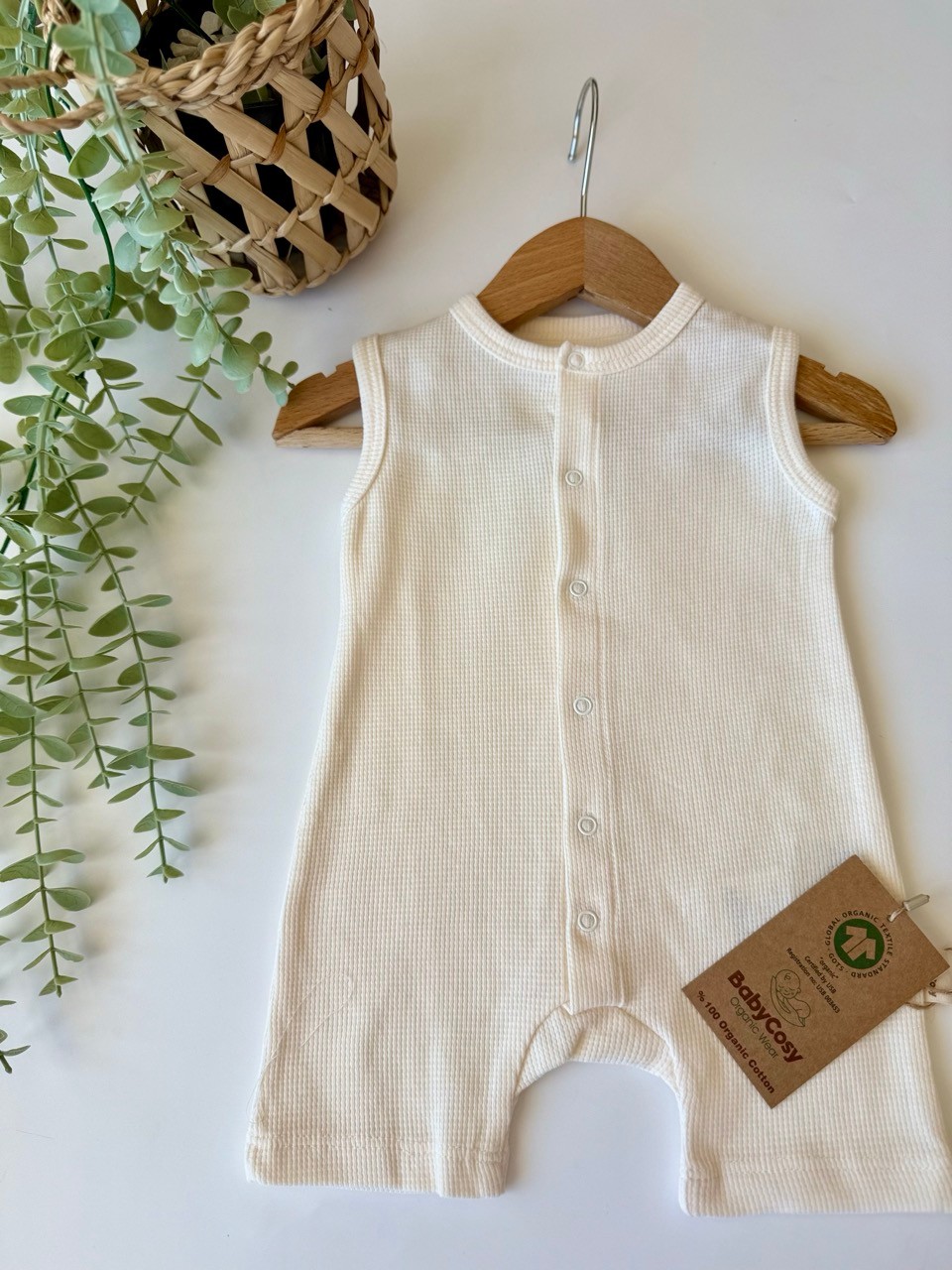 Unisex Organik Pamuk Ekru Çıtçıtlı Waffle Tulum