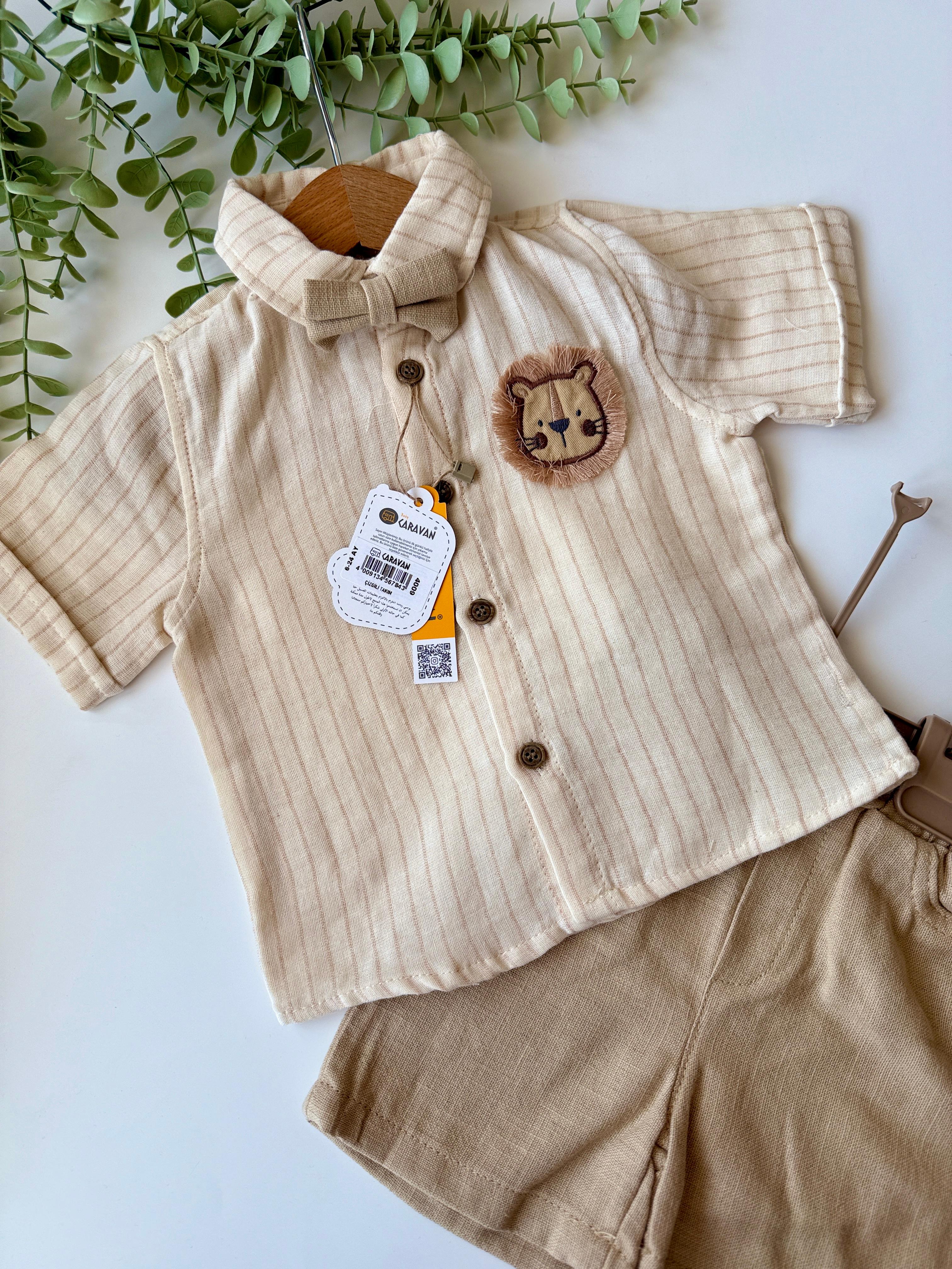 Erkek Bebek Camel Süzene Ayıcıklı Papyonlu Şortlu Takım