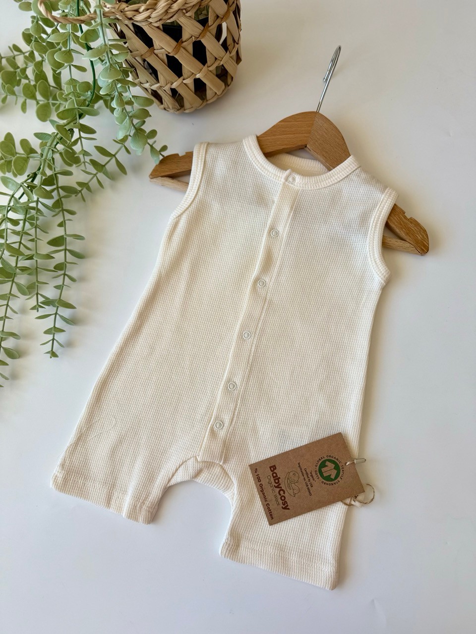 Unisex Organik Pamuk Ekru Çıtçıtlı Waffle Tulum