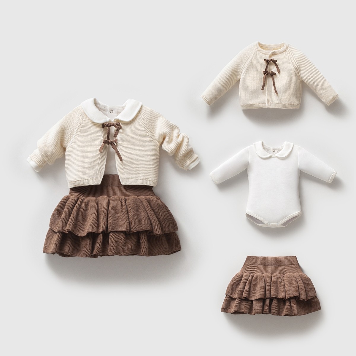 Kız Bebek Premium Kahverengi Linksli Kurdeleli Tasarım 3lü Takım