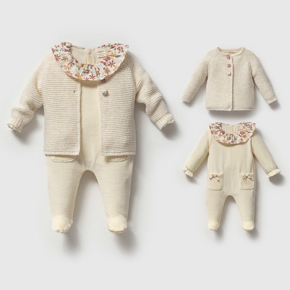 Kız Bebek Premium Organik Pamuk Krem Bahar Temalı Hırkalı Kadife Tulum