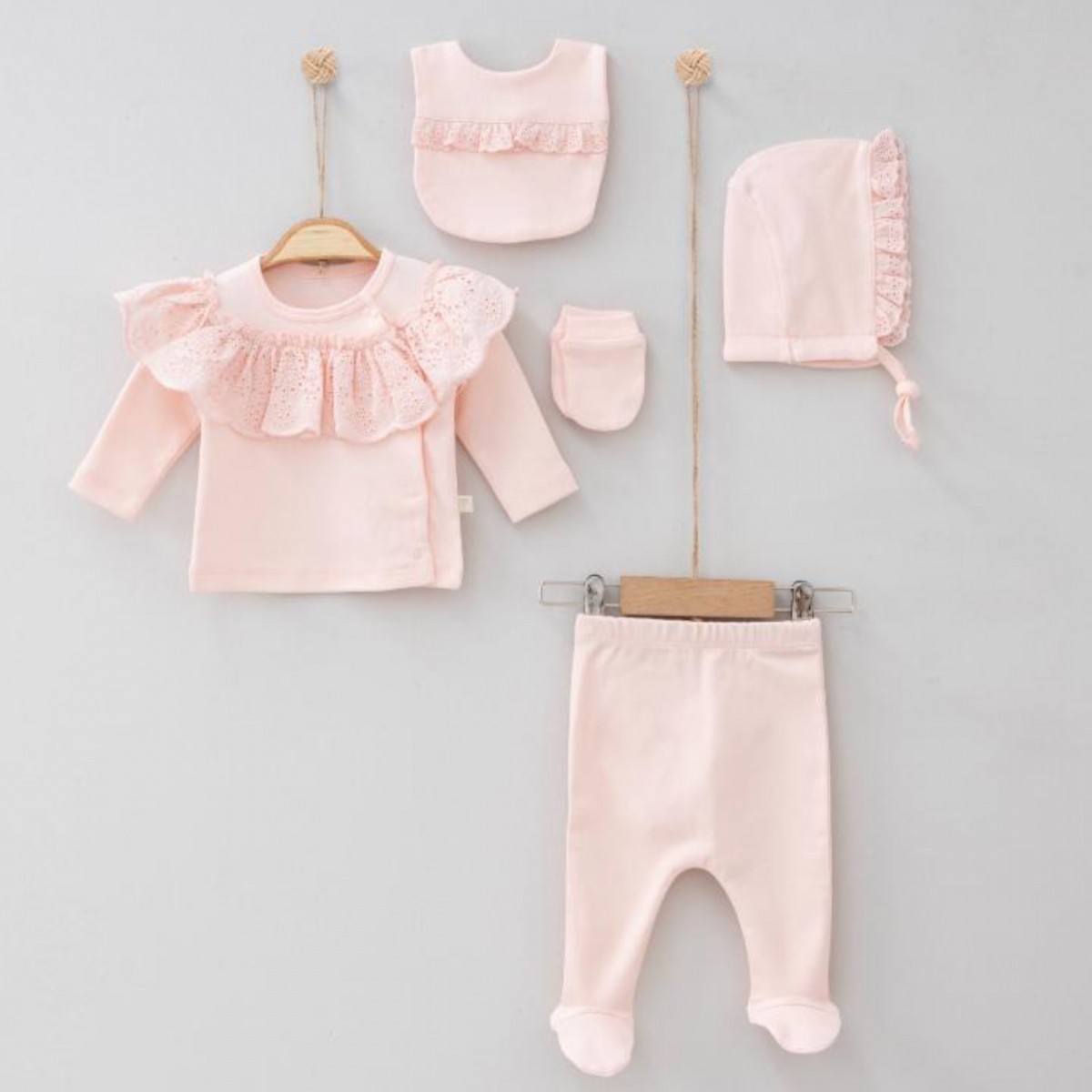 Kız Bebek Premium 0-3 Ay Somon Brodeli 5li Set