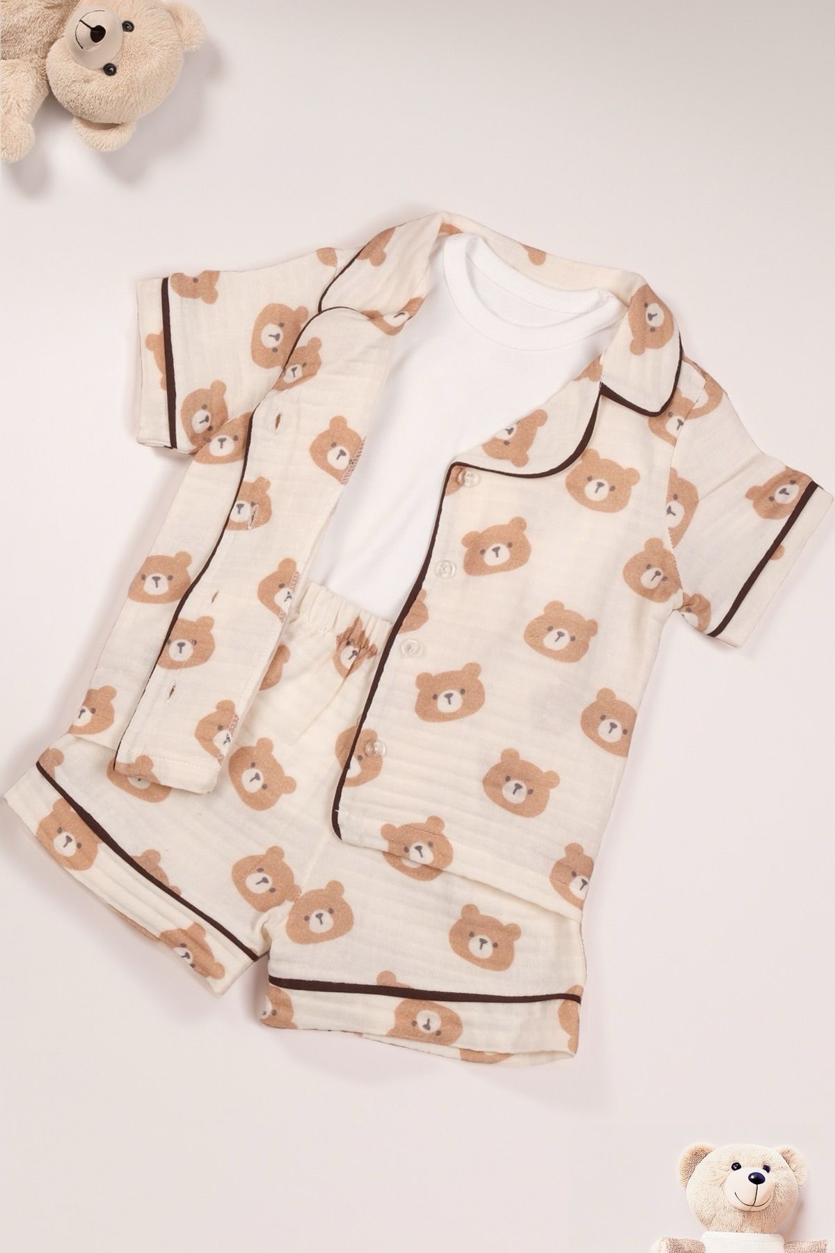 Kız Bebek Kahve Organik Pamuk Ayıcık Desenli Şortlu Pijama Takımı