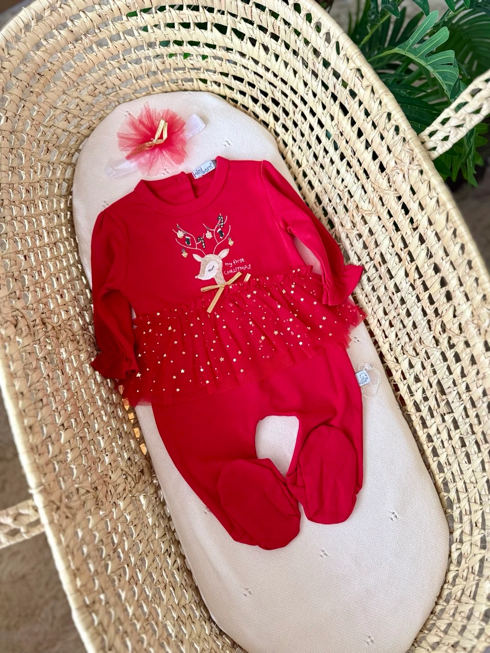 Kız Bebek Kırmızı İlk Yeni Yıl Geyik İşlemeli Yıldız Tütülü Tulum Bandana