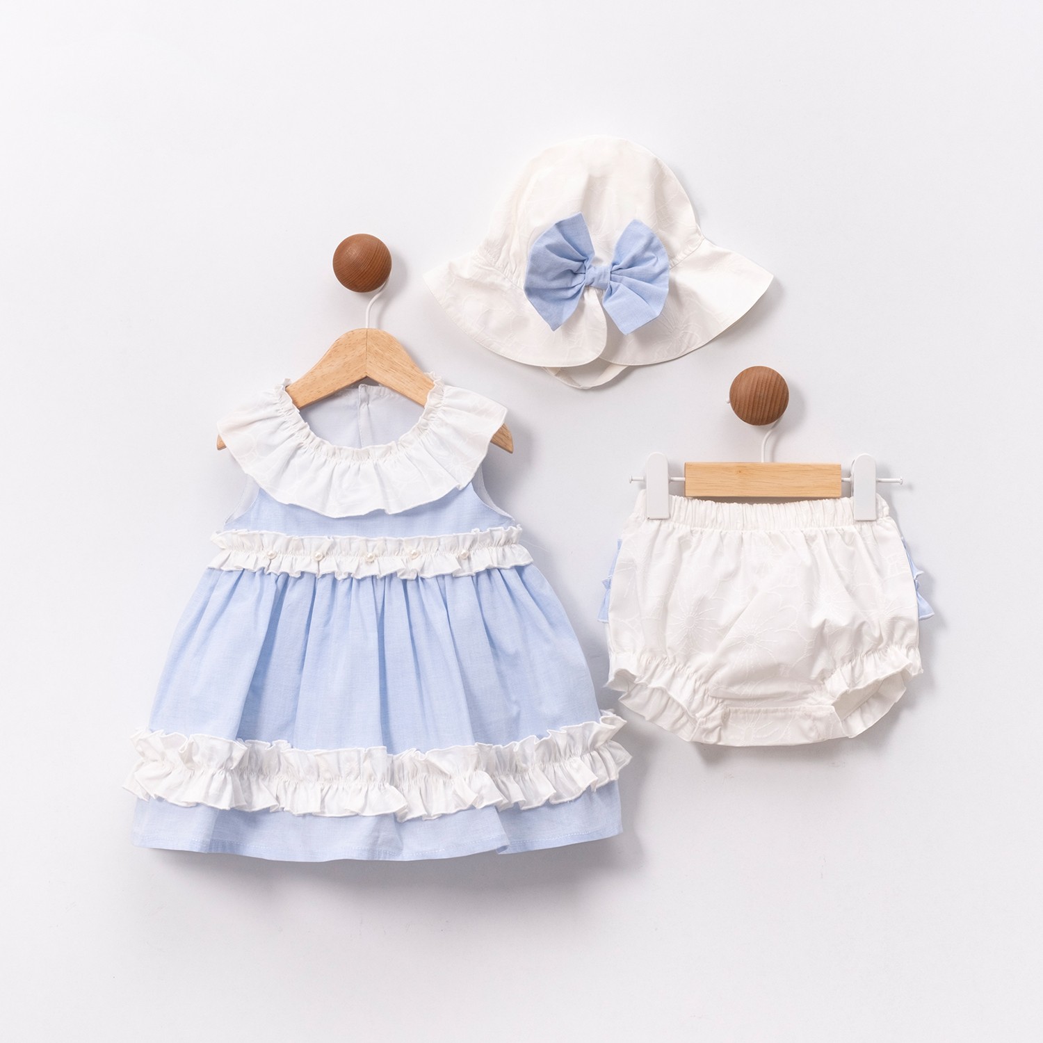 Kız Bebek Premium Mavi Denise Şapkalı Külotlu 3lü Elbise Seti 