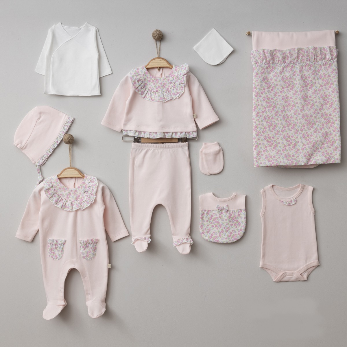 Kız Bebek Premium Pembe Çiçek Dokuma Baskılı 10lu Set