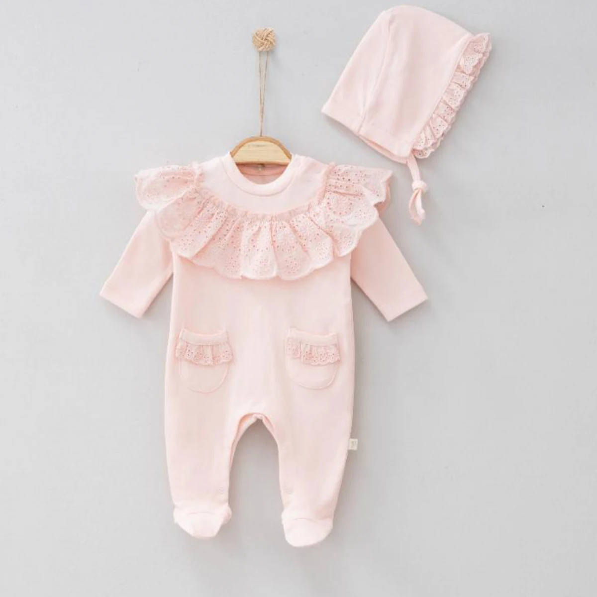 Kız Bebek Premium Somon Şapkalı Brodeli Tulum