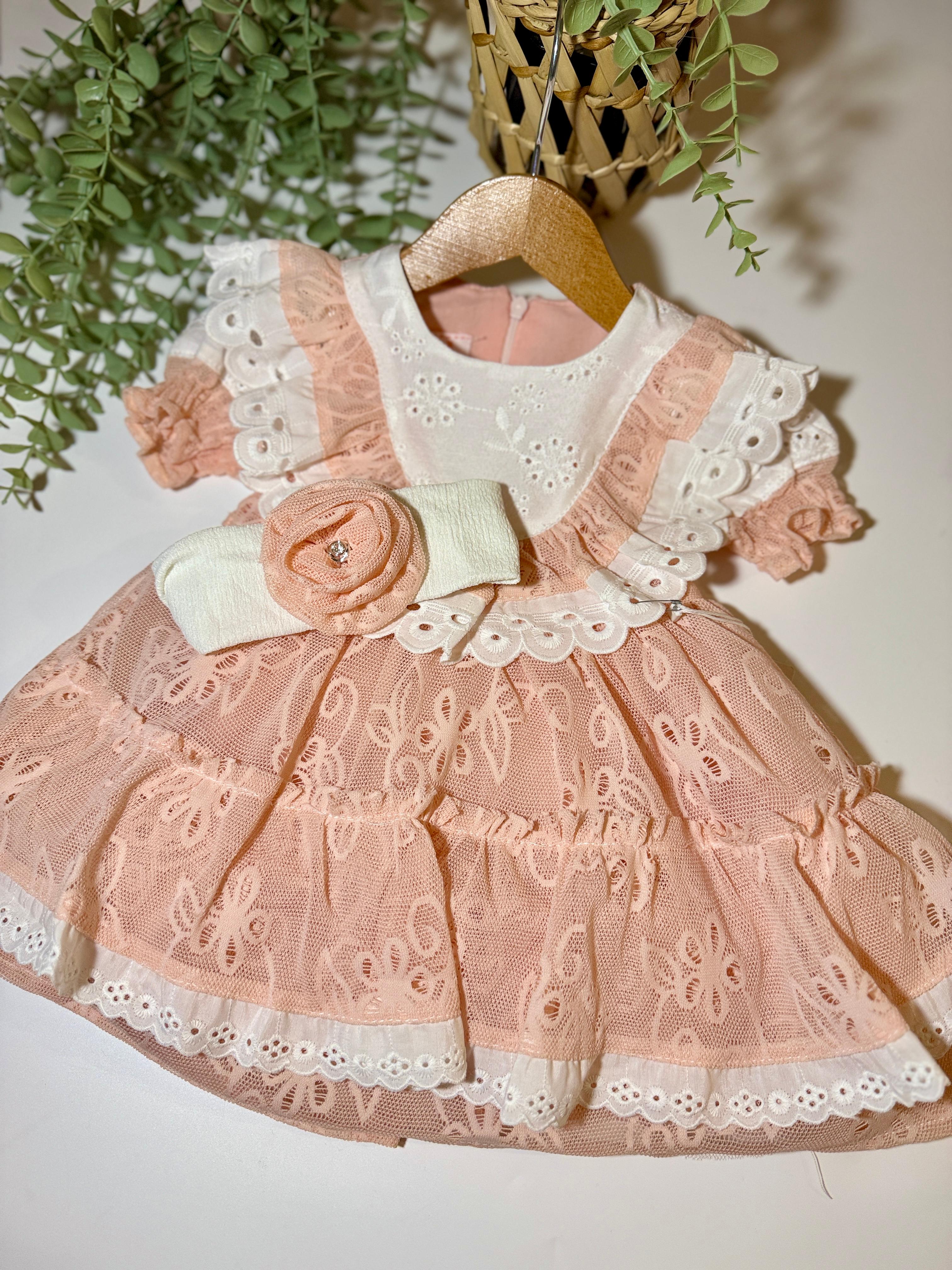 Kız Bebek Somon Robası Etekleri Fistolu Saç Bantlı Elbise 