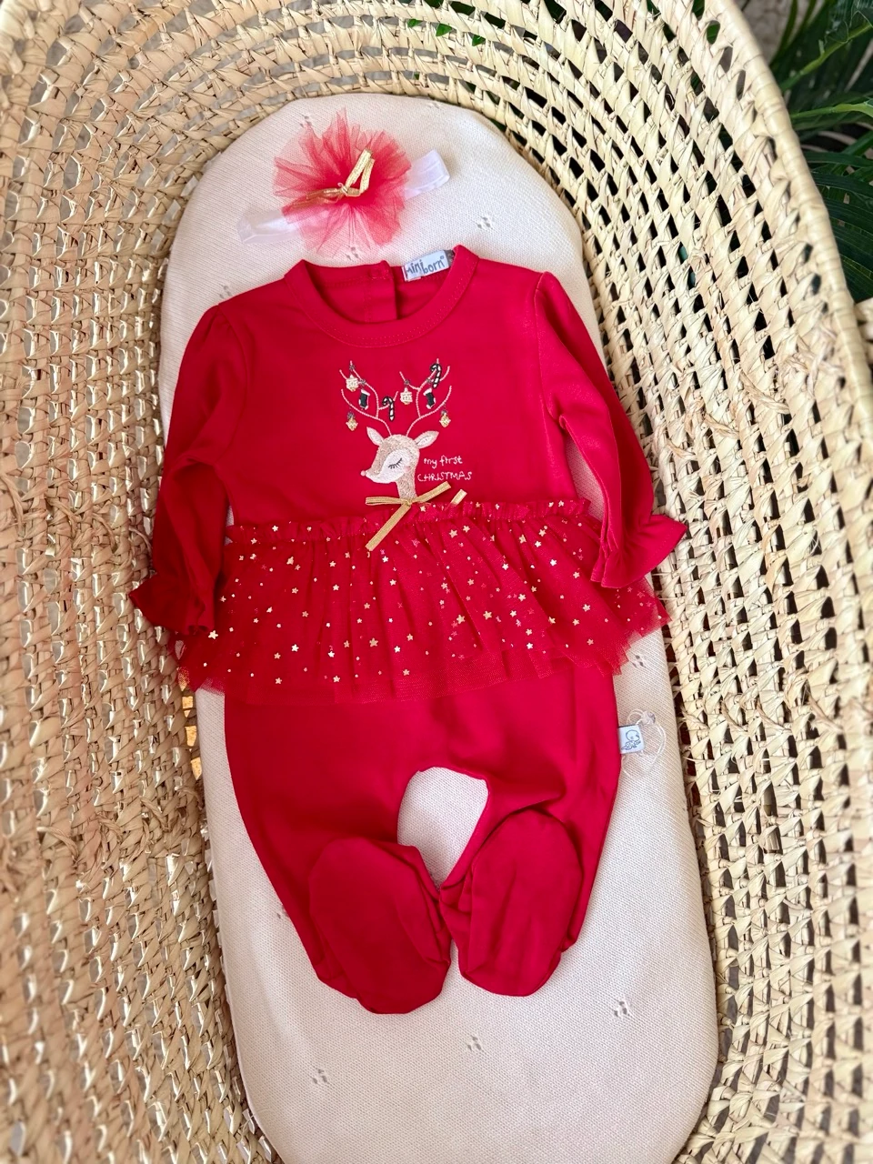 Kız Bebek Kırmızı İlk Yeni Yıl Geyik İşlemeli Yıldız Tütülü Tulum Bandana