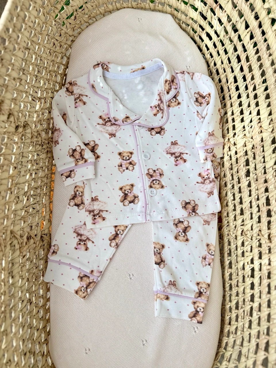 Kız Bebek Ayıcıklı Biyeli Gömlekli Pijama Takımı