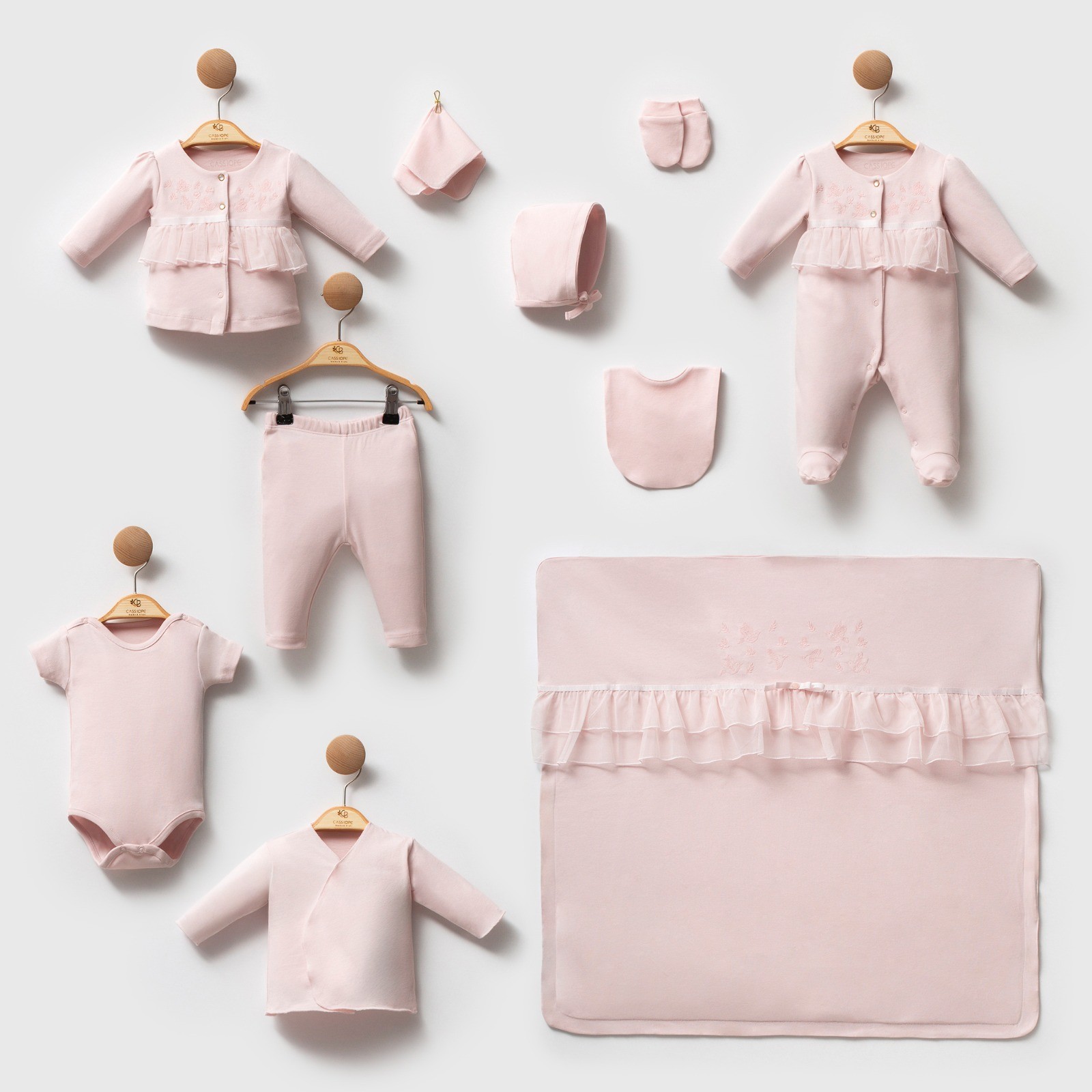 Kız Bebek Premium Kuş İşlemeli %100 Pamuk Penye 10lu Hastane Çıkışı Set