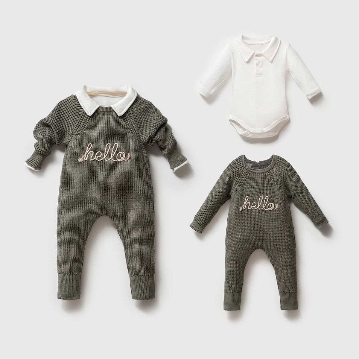 Unisex Premium Yeşil Hello World Nakışlı Tulum Zıbın Seti