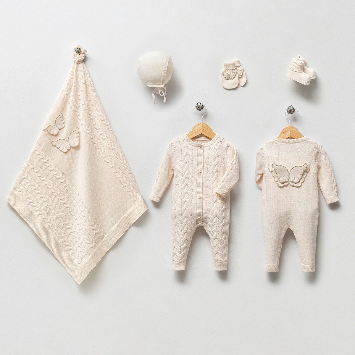 Kız Bebek 0-3 Ay Premium Krem Melek Kanatlı 5li Set