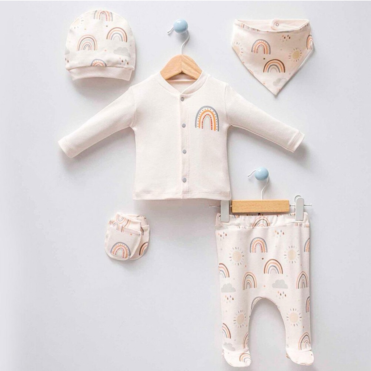 Unisex 0-3 Ay Gökkuşağı Baskılı 5li Set