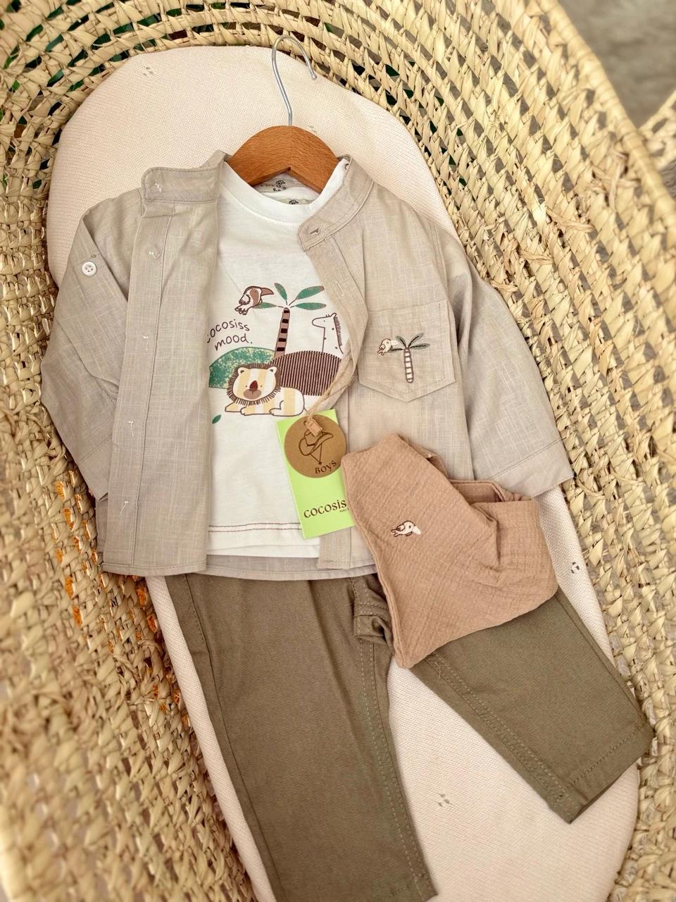Erkek Bebek Haki Zoo Gömlekli Pantolonlu 4lü Takım