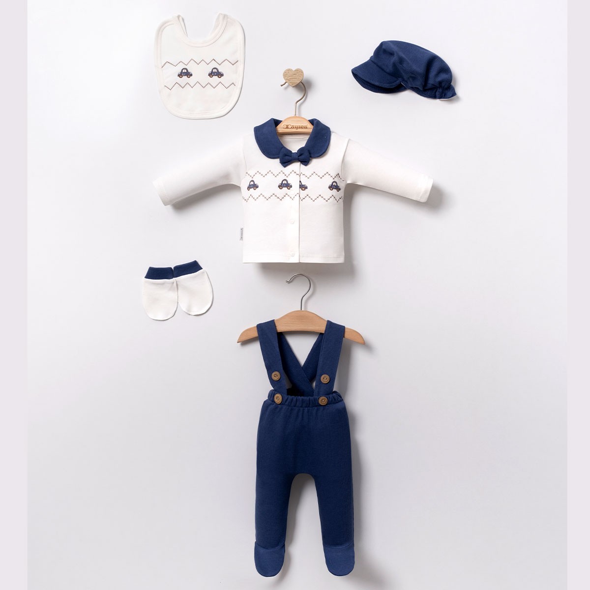 Erkek Bebek 0-3 Ay Lacivert Araba Nakışlı 5li Salopet Set