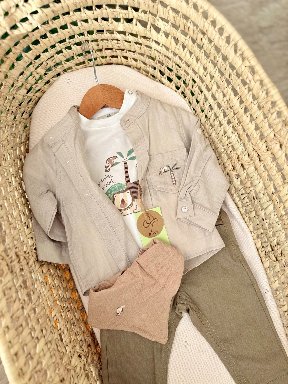 Erkek Bebek Haki Zoo Gömlekli Pantolonlu 4lü Takım