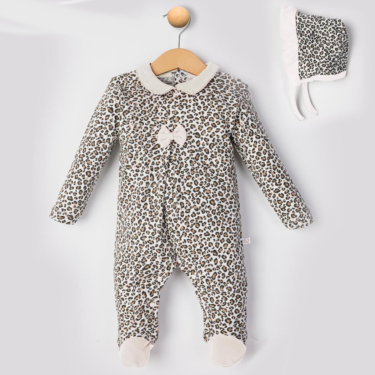 Kız Bebek Krem Bebe Yaka Leoparlı Şapka Tulum Seti