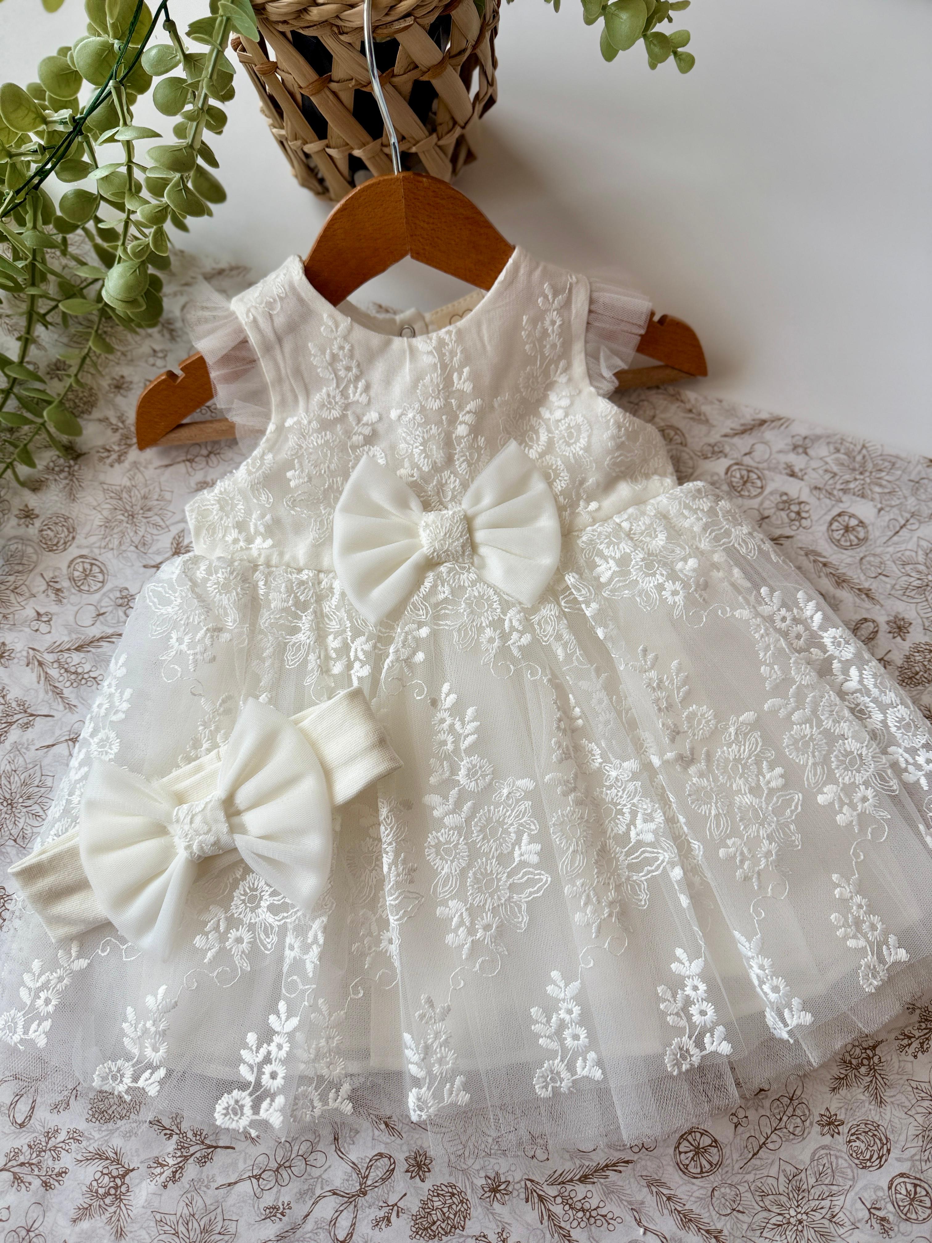 Kız Bebek Beyaz Dantelli Sanç Bantlı Tütü Elbise
