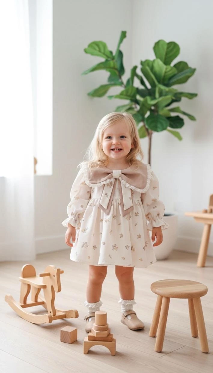 Kız Bebek Kurdele Detaylı Çiçekli Vintage Elbise