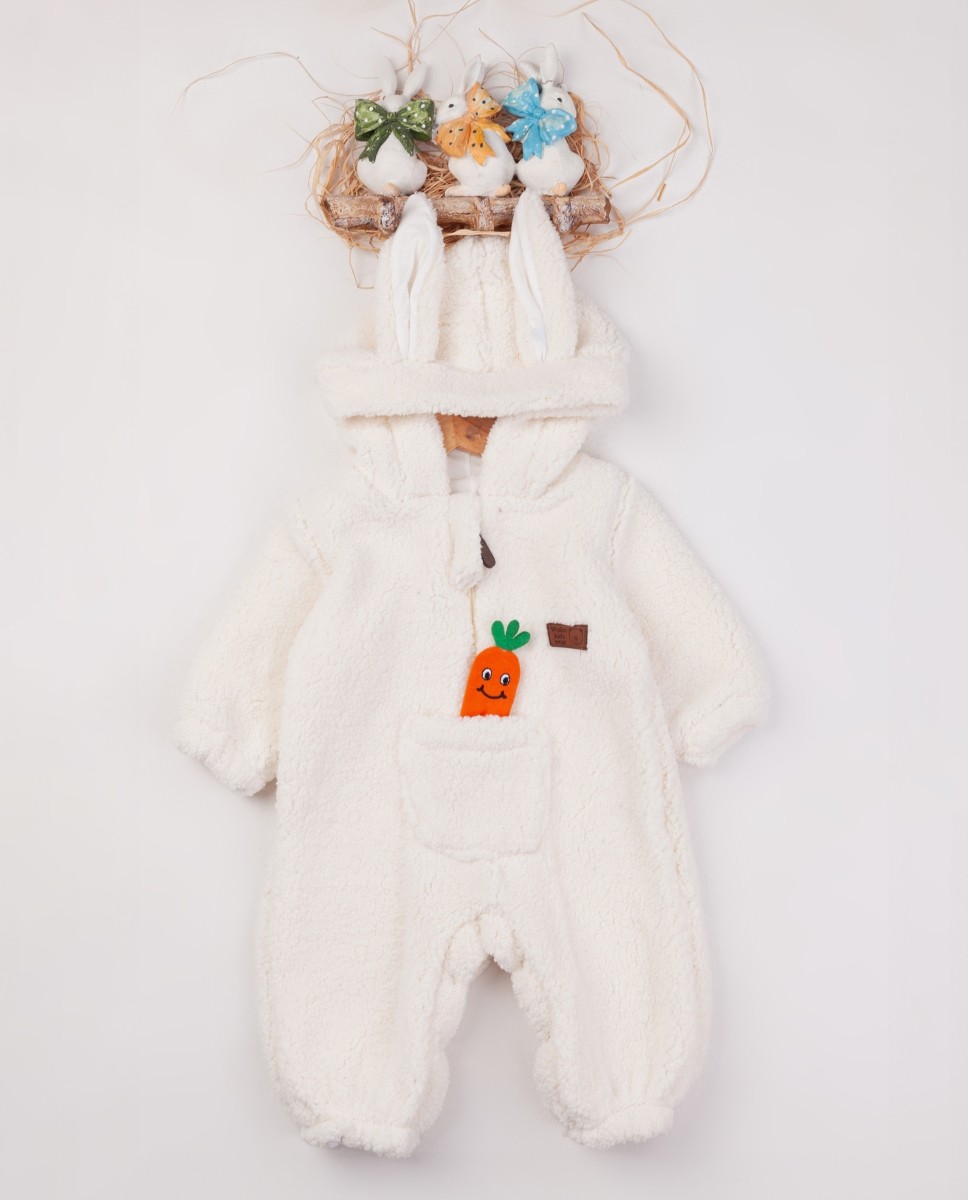 Unisex Ekru Tavşan Kulak Ön Cepli Peluş Tulum