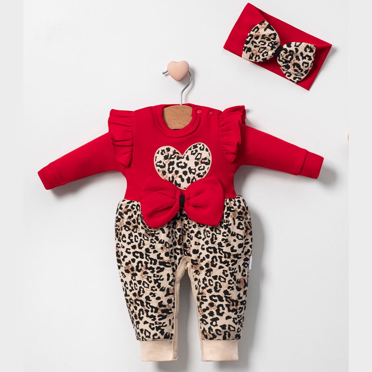 Kız Bebek Kırmızı Kalpli Leoparlı Tulum Bandana