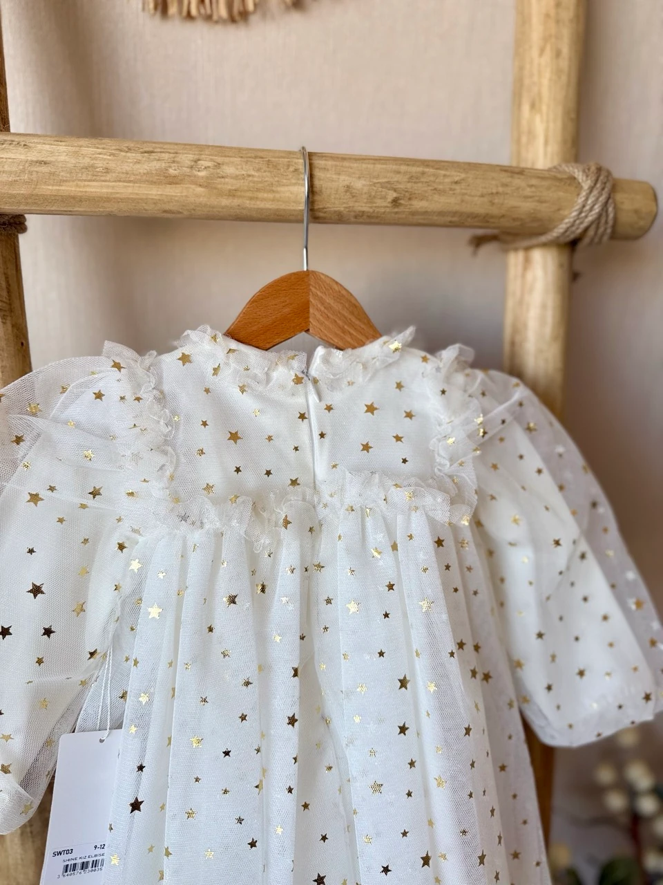 Kız Bebek Ekru Gold Yıldız İçi Penye Astarlı Tütülü Parti Elbisesi