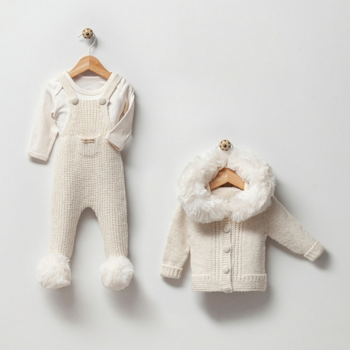 Unisex Premium Krem Kürklü Ponponlu Selanik Salopet Takım