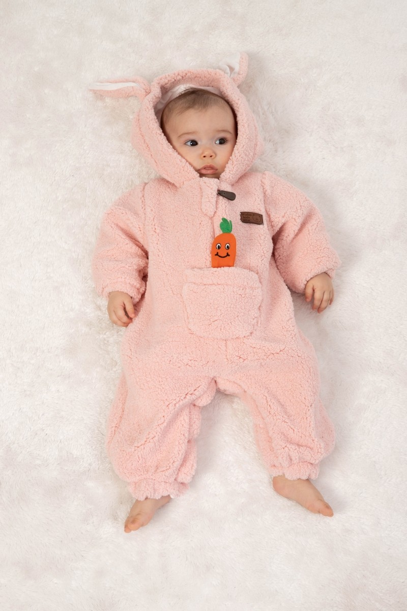 Kız Bebek Pembe Tavşan Kulak Ön Cepli Peluş Tulum