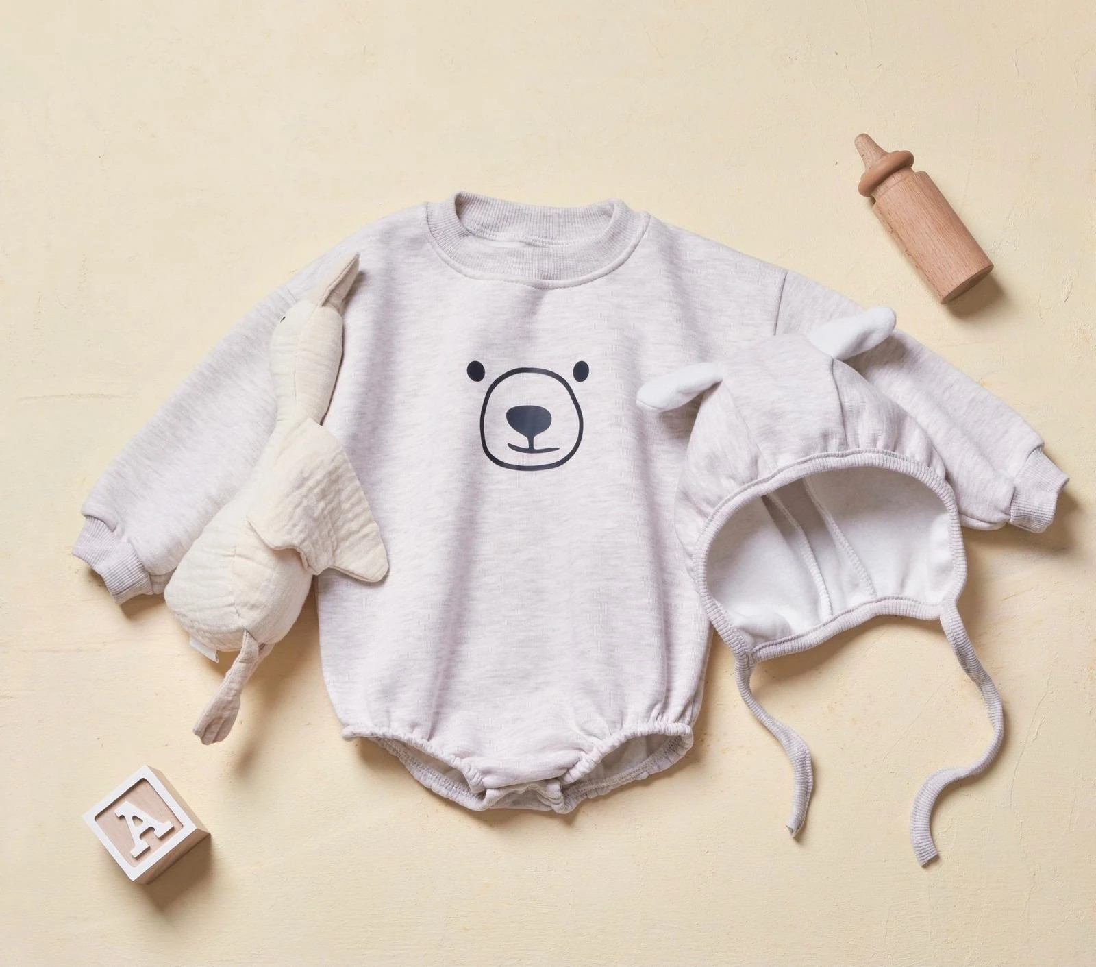 Unisex Teddy Bear 3 İplik Şardonlu Alttan Çıtçıtlı Romper 
