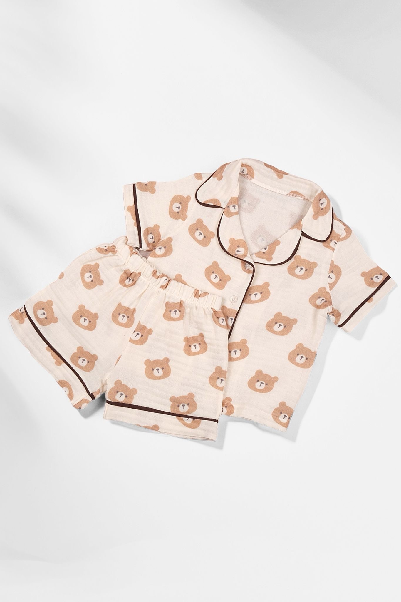 Kız Bebek Kahve Organik Pamuk Ayıcık Desenli Şortlu Pijama Takımı