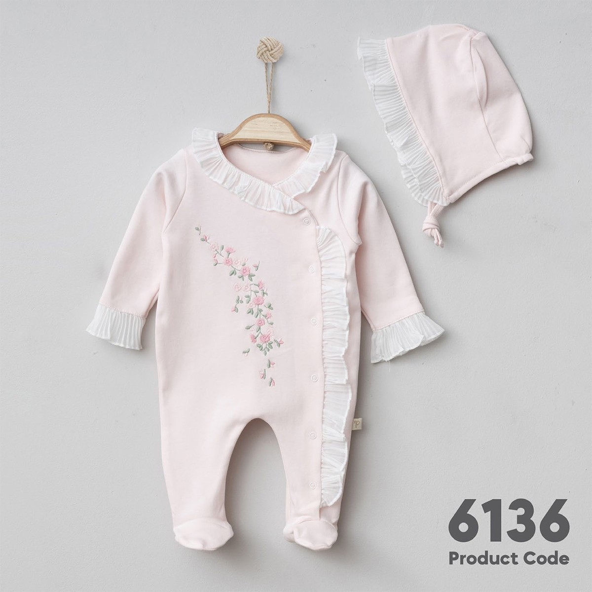 Kız Bebek Premium Pembe Pliseli Çiçek Nakışlı Şapka Tulum Seti