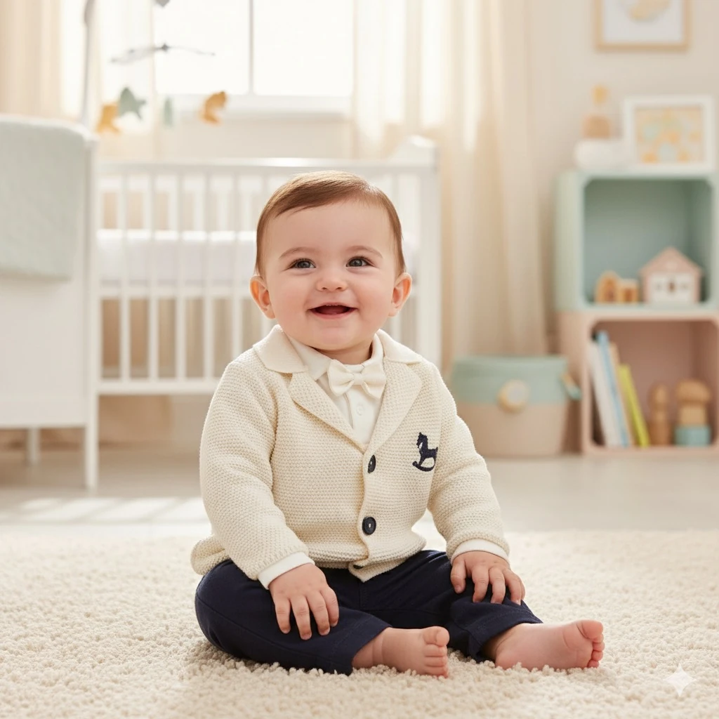 Erkek Bebek Premium Krem Atlı Karınca Papyonlu 3lü Takım