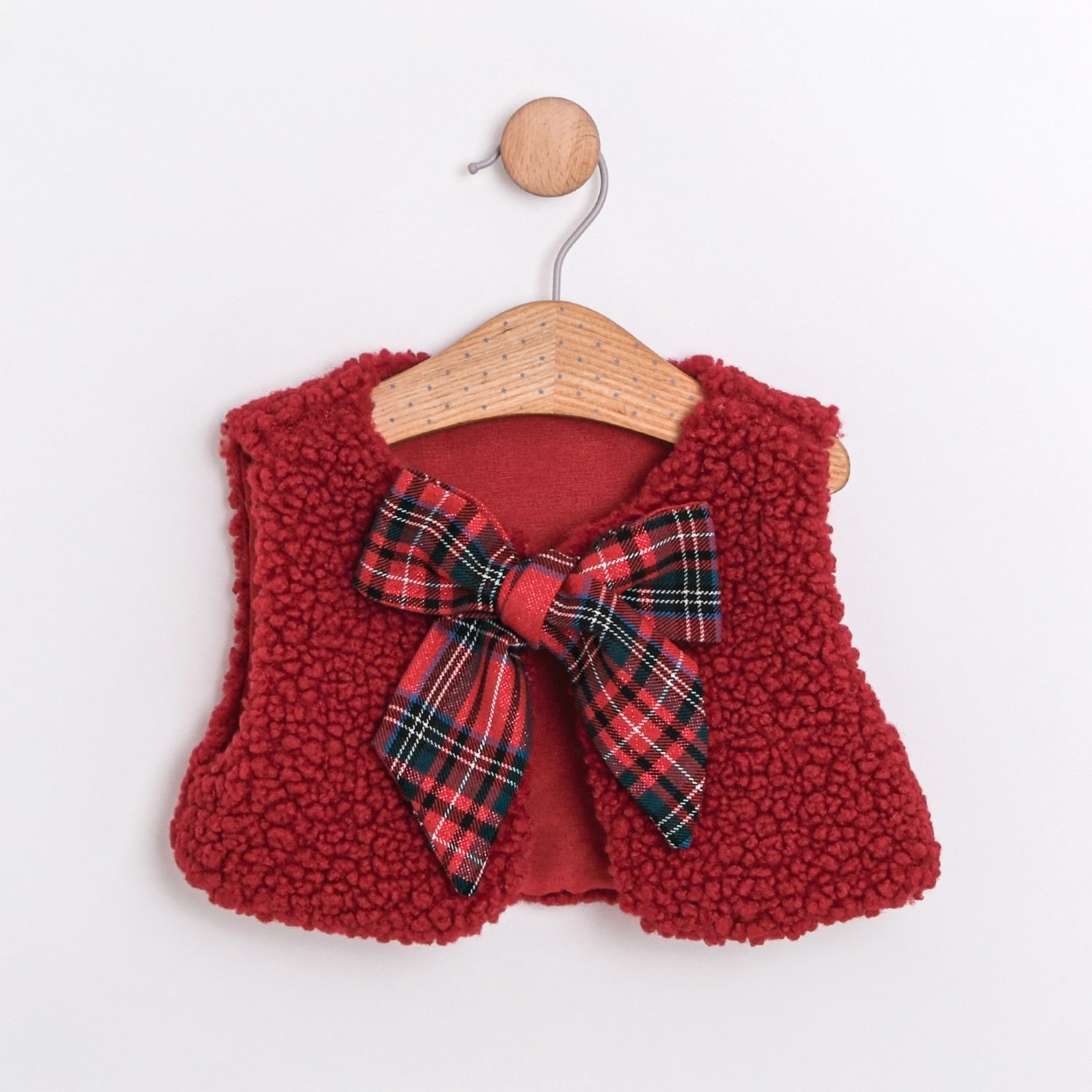 Kız Bebek Kırmızı Peluş Yelekli Ekose Desen 3lü Kız Takım 