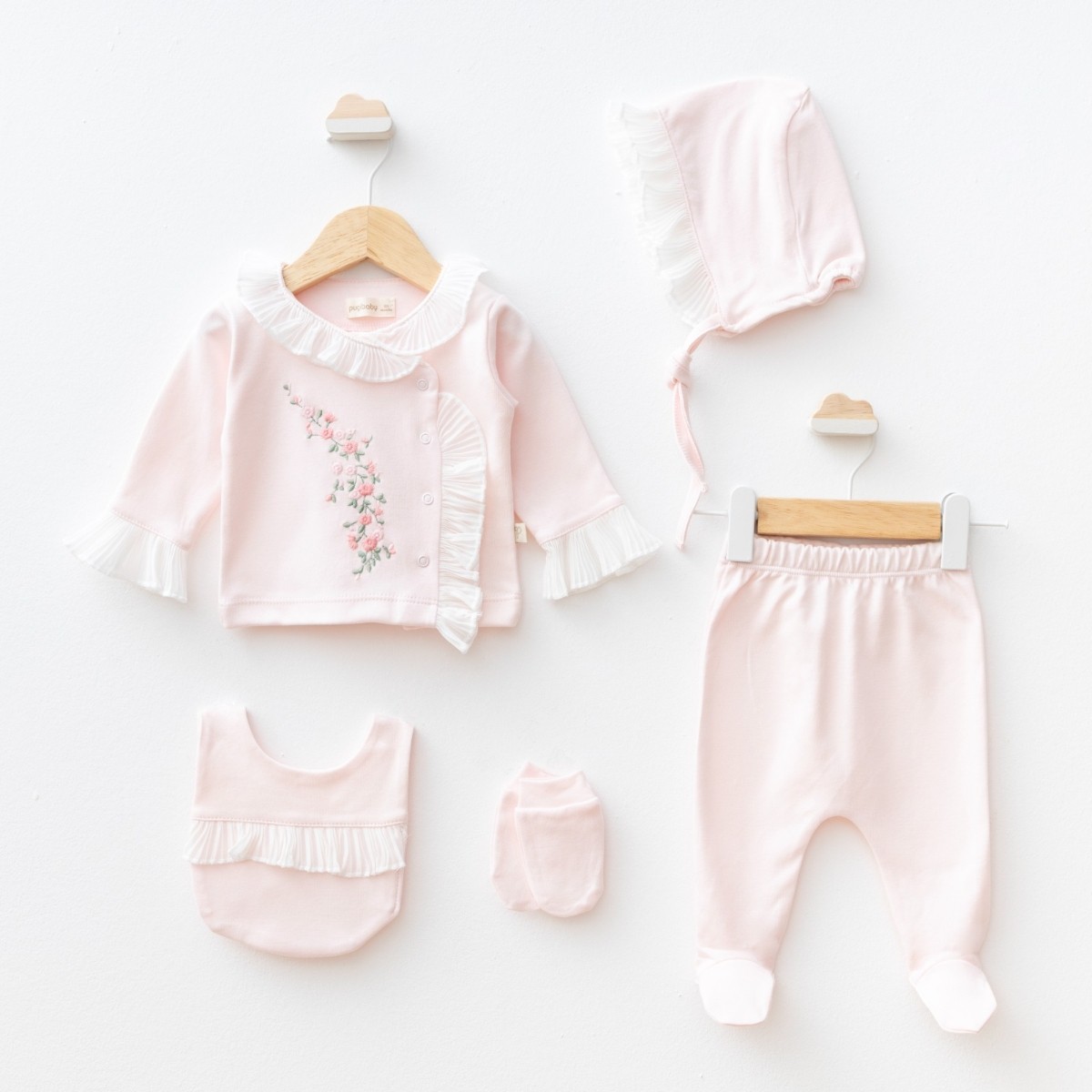 Kız Bebek Pudra Krem Pliseli Çiçek Nakışlı 5li Set 