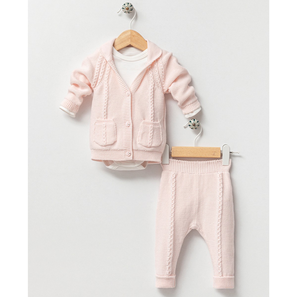 Kız Bebek Premium Pembe Cepli 3lü Takım