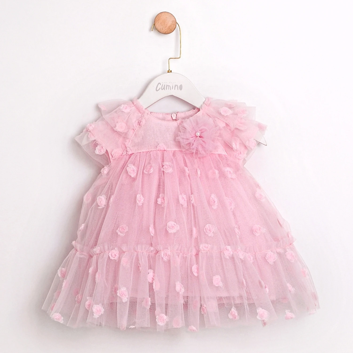 Kız Bebek Pembe Alina Tüllü 3D Çiçekli Elbise