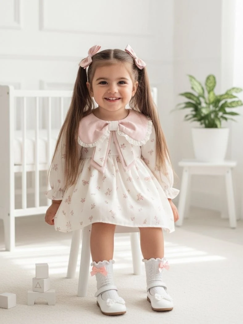 Kız Bebek Kurdele Detaylı Çiçekli Pudra Vintage Elbise