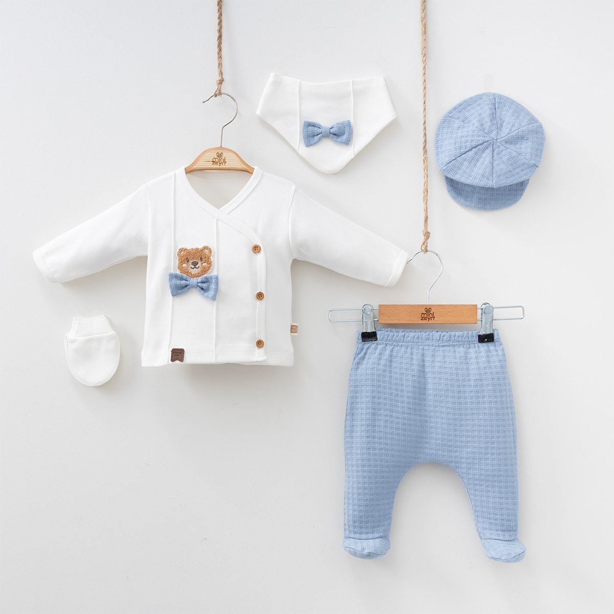 Erkek Bebek 0-3 Ay %100 Pamuk Mavi Süzene Ayıcıklı 5li Hastane Çıkışı Set