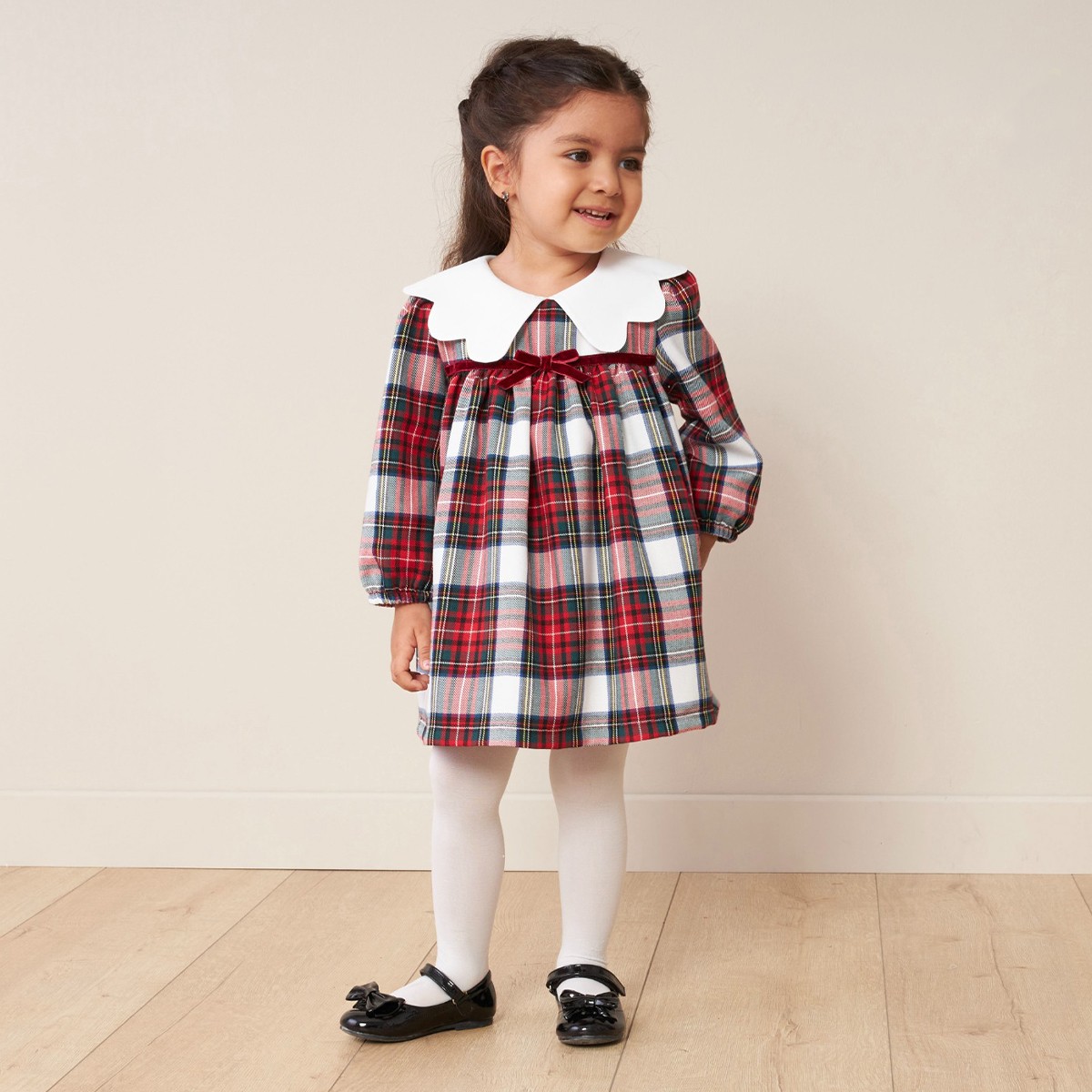 Kız Bebek Premium Ekose Desenli Yakalı Kırmızı Elbise
