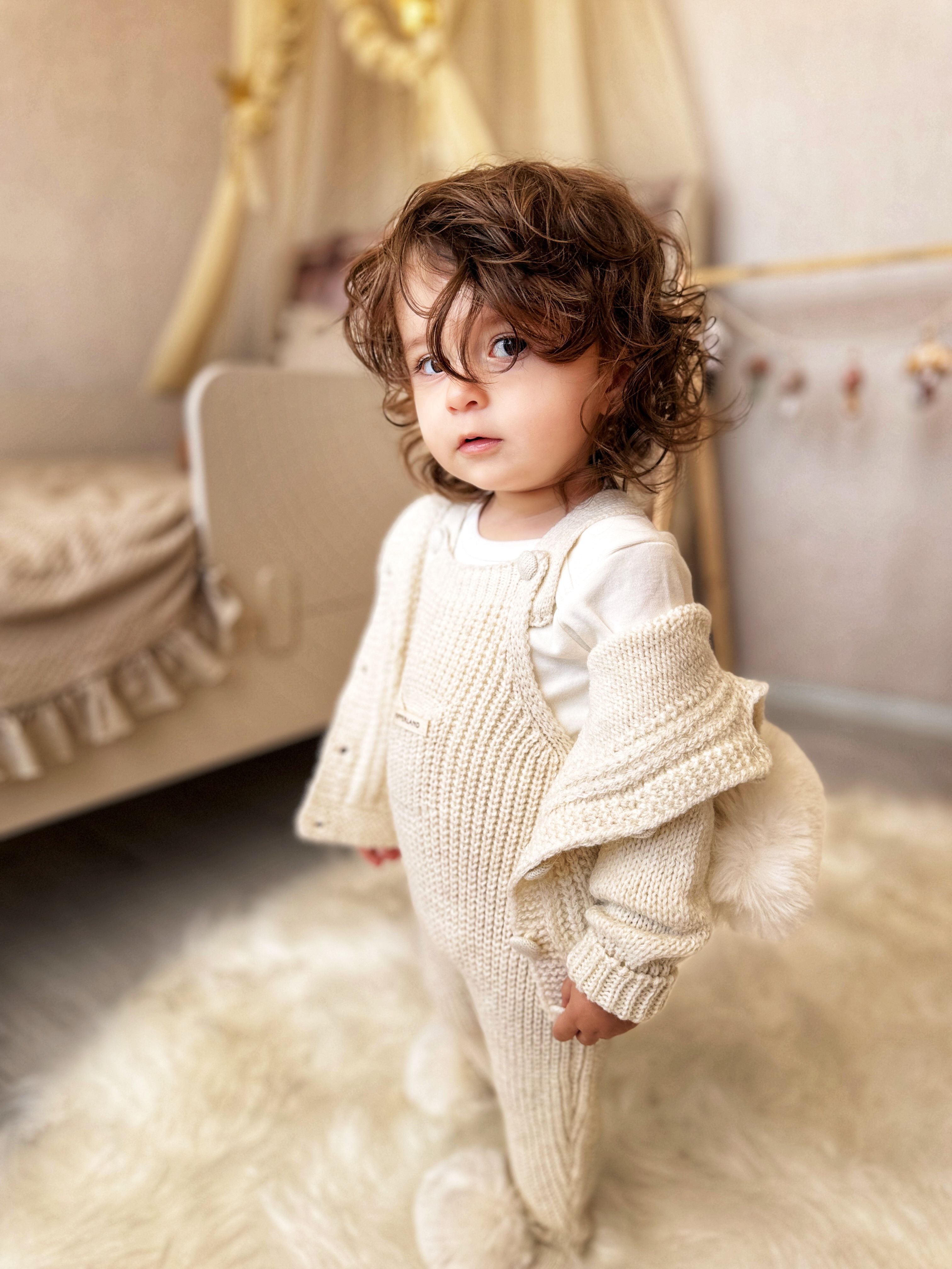 Unisex Premium Krem Kürklü Ponponlu Selanik Salopet